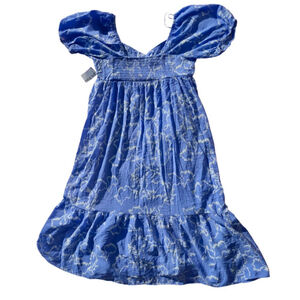 NWT Nine West Blue Floral Poplin Maxi Dress Puff Sleeve Peasant Cottagecore XL